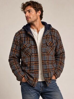 Legendary Outfitters Hooded Quilted Flannel Jacket Gray Orange Plaid Men’s M
